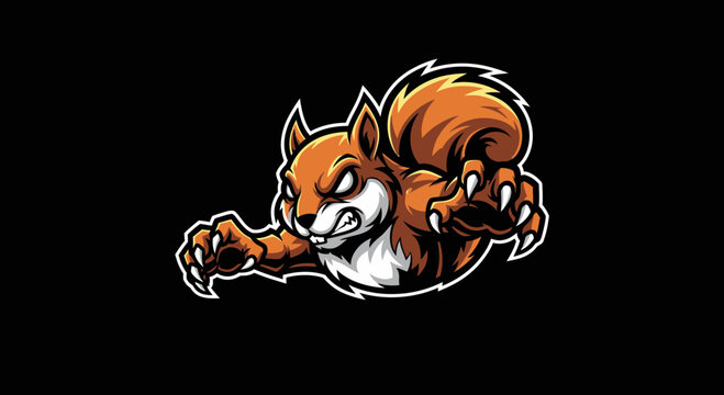 Fierce orange squirrel mascot in a dynamic attack pose with sharp claws and bared teeth.