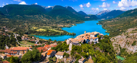 Italy tourism. Medeival scenic Barrea village and beautiful lake in Sangro Valley. National Park of...