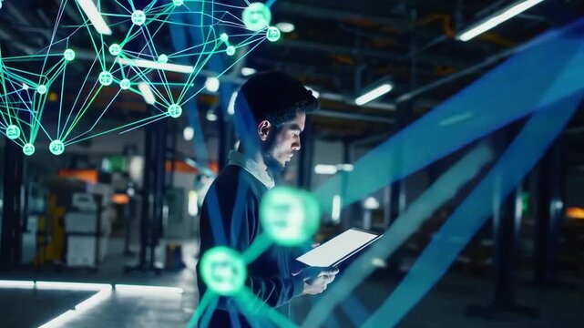 Worker in warehouse using tablet with holographic connected supply chain network. - Powered by Adobe