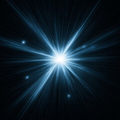 A bright starburst effect with sharp, radiating blue light beams, centered on a black background
