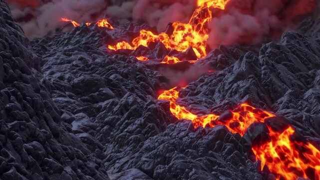 Fiery hellish landscape with burning flames, volcanic terrain, and red sky.