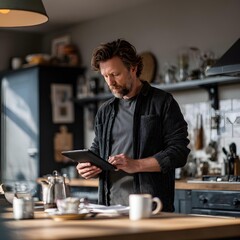 Fototapeta premium Man Working from Home with Tablet in Modern Kitchen