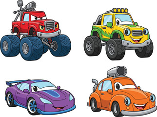 Colorful Monster Trucks, Racing Cars, Fun Vehicles for Kids, Animated, Playful, Off-road Adventures, Vibrant Designs © Sharif Creatives