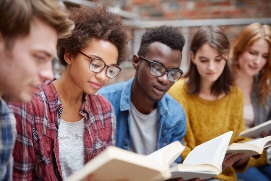 Diverse high schoolers studying a textbook guide