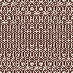 Honeycomb seamless pattern. Hexagon mosaic tiles ornament. Ethnic surface print. Repeated geometric figures background. Ornamental wallpaper. Modern geo design digital paper. Vector abstract art.