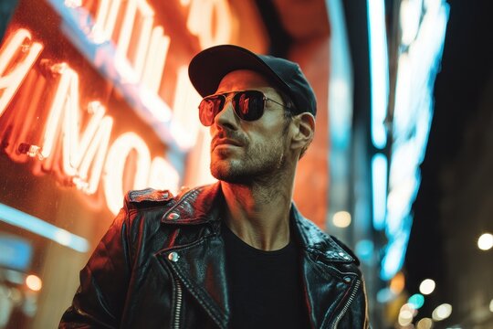 Stylish man in the city under neon lights dressed in a leather jacket cap jeans and sunglasses