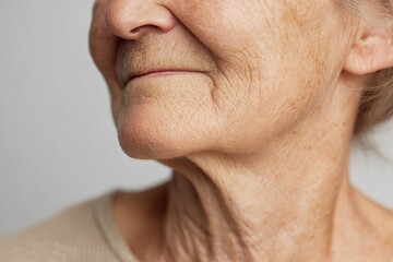 Fototapeta premium Portrait of an elderly woman s face in a light T shirt against a white background Text space available Isolated