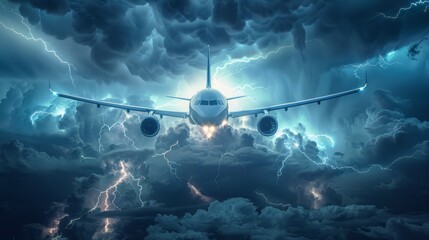 An aircraft is bravely battling its way through dark and ominous storm clouds as bright lightning illuminates the sky