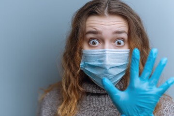 Woman in protective mask and gloves appearing alarmed Close up on COVID 19 safety measures