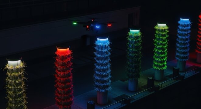 Colorful vertical gardens with drone at night - Powered by Adobe