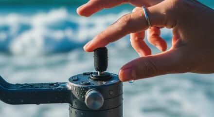 Female hand adjusting camera equipment near ocean waves on a sunny day