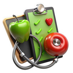 3d render of healthy lifestyle concept with apple stethoscope and checklists medical wellness