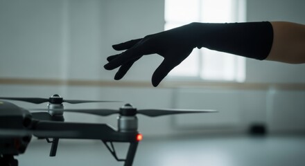 Gloved hand reaching for drone in minimalist setting