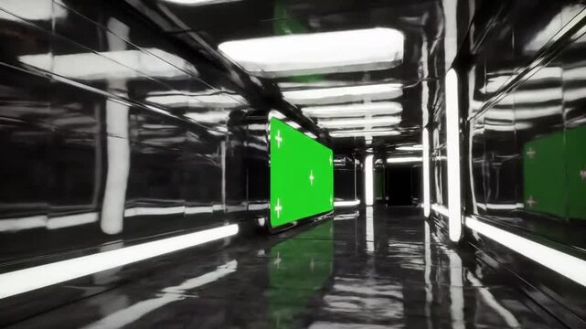 Futuristic corridor with a green screen for visual effects and content placement, modern design.