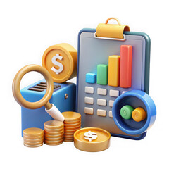 3d render of financial analysis tools with charts coins and magnifying glass for business growth