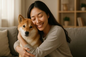 An Asian woman hugs a Shiba Inu dog on a gray couch. The smiling woman has long black hair and is wearing a gray top. The dog has tan and white fur. The room has a neutral color palette