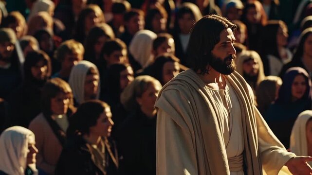Jesus preaching to a diverse crowd moments before performing a miracle.
