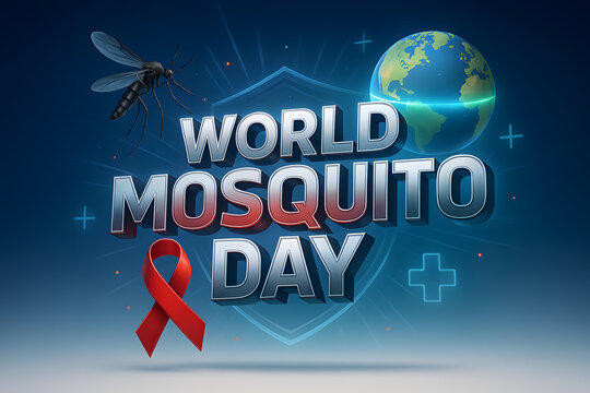 World Mosquito Day: 3D Graphic, Global Health Awareness Campaign, Red Ribbon, Serious Tone