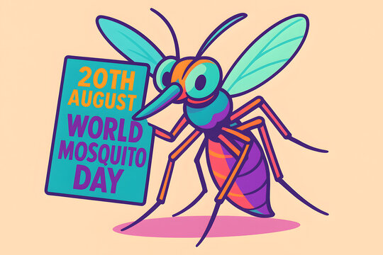 Vibrant Cartoon Mosquito Holding World Mosquito Day Sign; August 20th Awareness Campaign Illustration