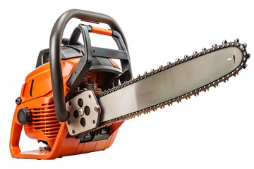 Fototapeta premium Orange Chainsaw with Silver Blade and Black Handle Isolated on White Background tool