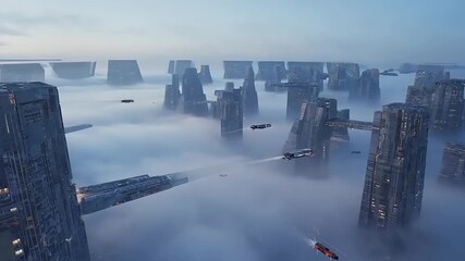 Aerial panorama of a sprawling futuristic metropolis, a vision of advanced civilization with towering megastructures above the clouds. - Powered by Adobe
