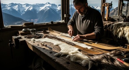 Mature caucasian male crafting wooden skis in mountain workshop