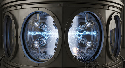  A powerful scientific machine generates intense blue arcs of electricity between two points  viewed through portholes in a heavy industrial chamber  depicting a futuristic energy experiment.
