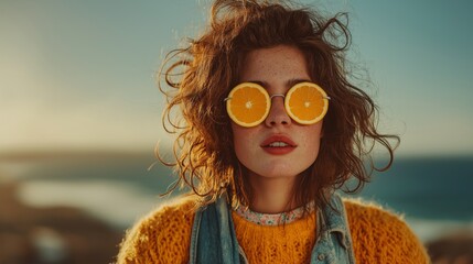 Woman with curly hair wearing orange slice sunglasses on a sunny day by the ocean during golden hour, exuding vibrant energy and joy