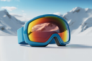 Close up of bright blue ski goggles with mirrored lenses reflecting snowy mountains