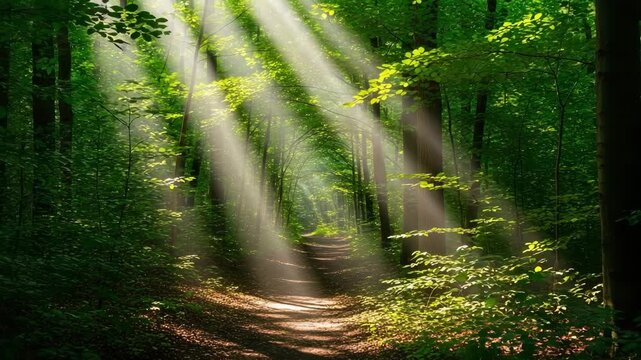 A sun-drenched dirt path winding through a beautiful green forest with bright sun rays shining through the trees.


