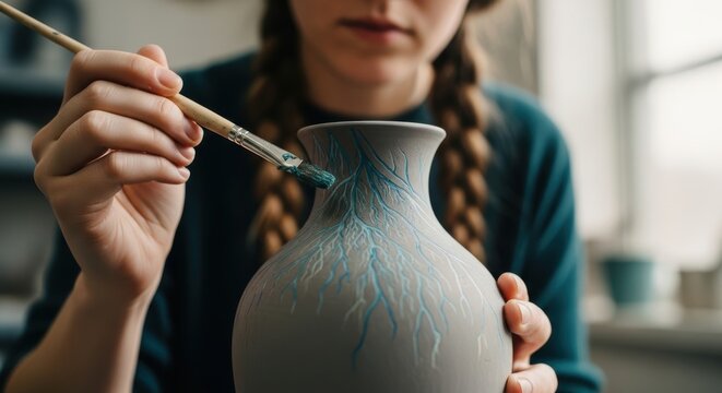 Young caucasian female artist painting intricate blue designs on ceramic vase