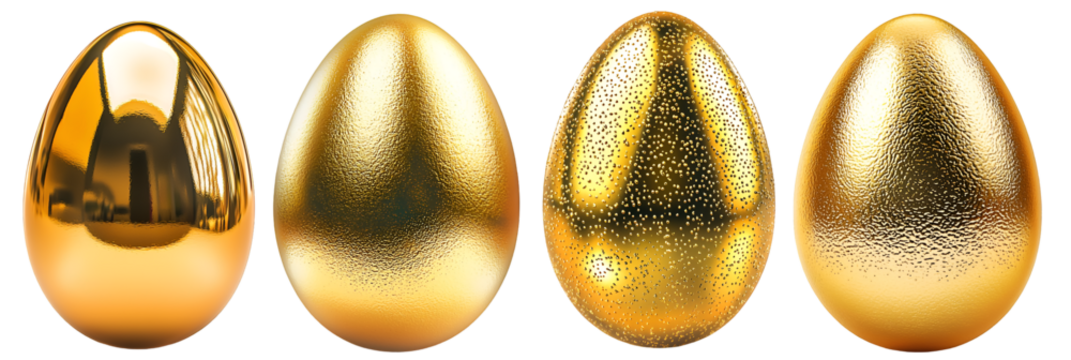 Set of shiny golden easter eggs with different metallic textures and finishes, isolated on transparent background