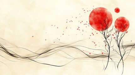 Serene Red Abstract Landscape:  A Whimsical Painting of Nature's Subtle Beauty