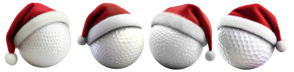 Set of golf balls wearing santa hats for christmas holiday sports theme, isolated on transparent background