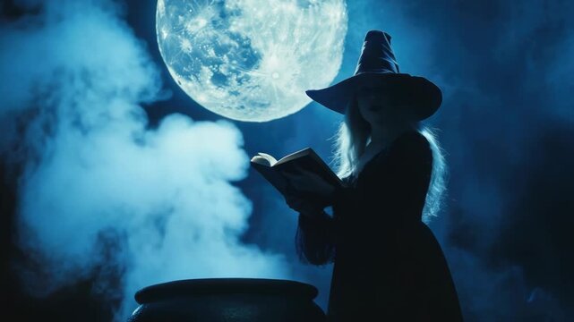 Mystical witch brews potion under enchanting full moonlit night
