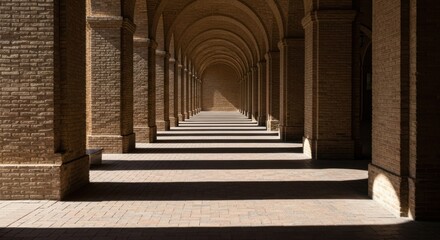 Fototapeta premium Endless Archway Corridor with Dramatic Sunlight and Shadow Patterns