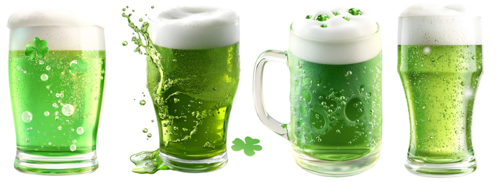 Set of glasses of green beer with foam for saint patricks day celebration, isolated on transparent background