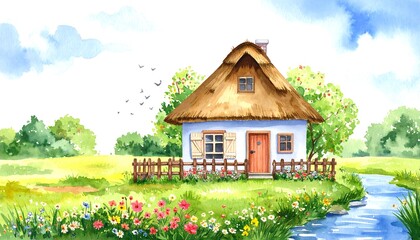 Watercolor cottage by a stream