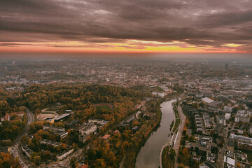 Beautiful Vilnius city panorama in autumn with orange and yellow foliage. Fall city scenery in Vilnius, Lithuania