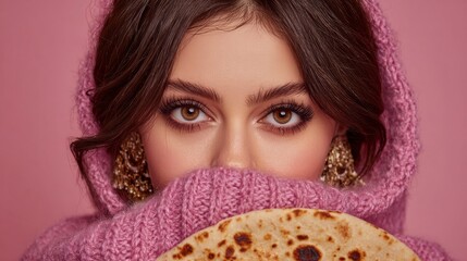A studio portrait of a young woman in casual clothes, softly lit, and holding a loaf of traditional bread, conveys the bakery concept and the idea of healthy eating, a common theme in food blogs and