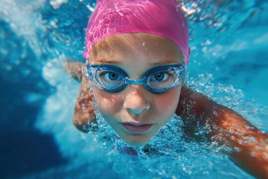 Girl in goggles and cap swimming freestyle in a blue pool