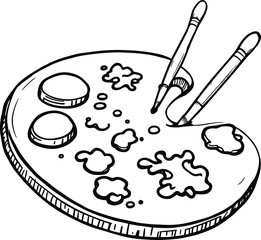 An illustration of a paint palette with paint splotches and two paintbrushes on a white background
