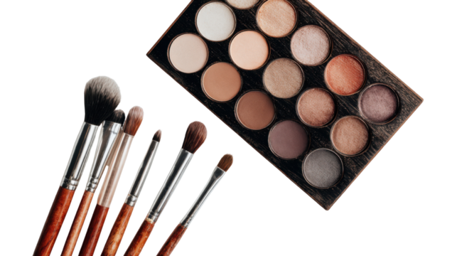 make up brushes and powder on white background