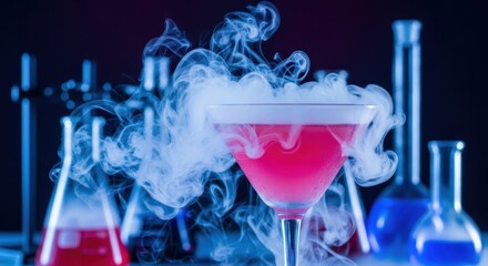 Smoking cocktail with laboratory glassware: vibrant pink drink in scientific setting