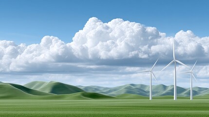 Wind turbines on green hills with dramatic clouds