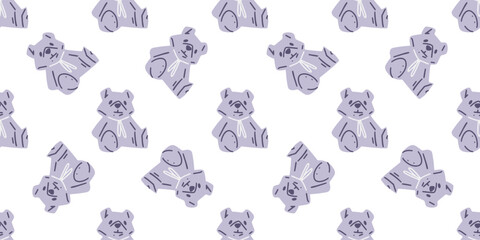 Seamless Cute Cartoon Bear Pattern. Purple cartoon teddy bears with scarves in flat style. Seamless cute pattern on white background.