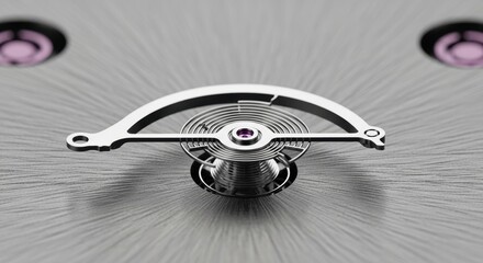 Close-up of mechanical watch balance spring and jewels on textured surface