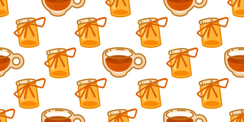 Cups of tea and jars of honey arranged in a seamless pattern on white background, cozy autumn design for packaging, textiles, and seasonal projects.