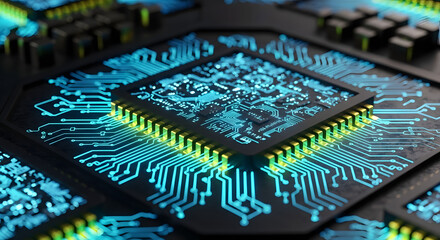  A glowing blue computer processor sits on a circuit board  with intricate light trails representing the rapid flow of data through its complex electronic pathways.