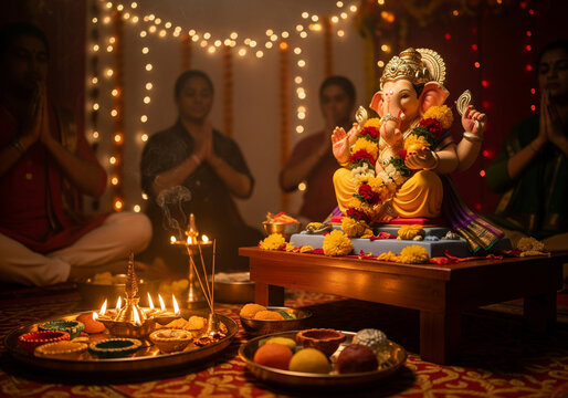 Ganesh Aarti Celebration: Devotees Performing Traditional Puja with Soft Focus on Ganapati Murti and Festive Lights